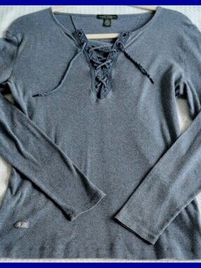 Ralph Lauren Denim Lace-Up Long Sleeve Knit Top Blue Heather Fall Denim Medium